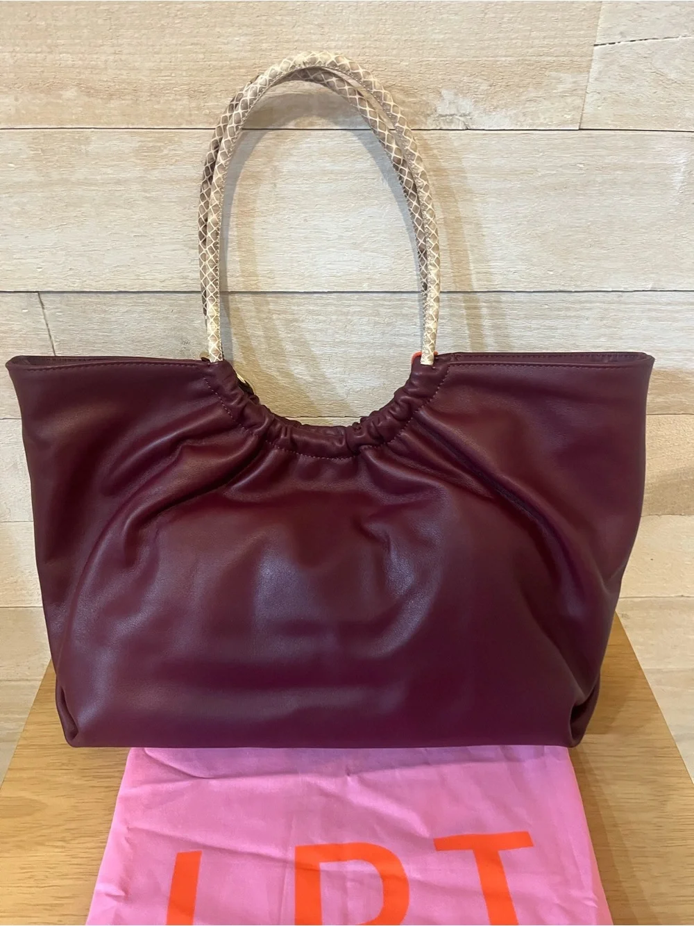 LDT Burgundy Hobo Tote with Braided Snakeskin Cream Handles NWT